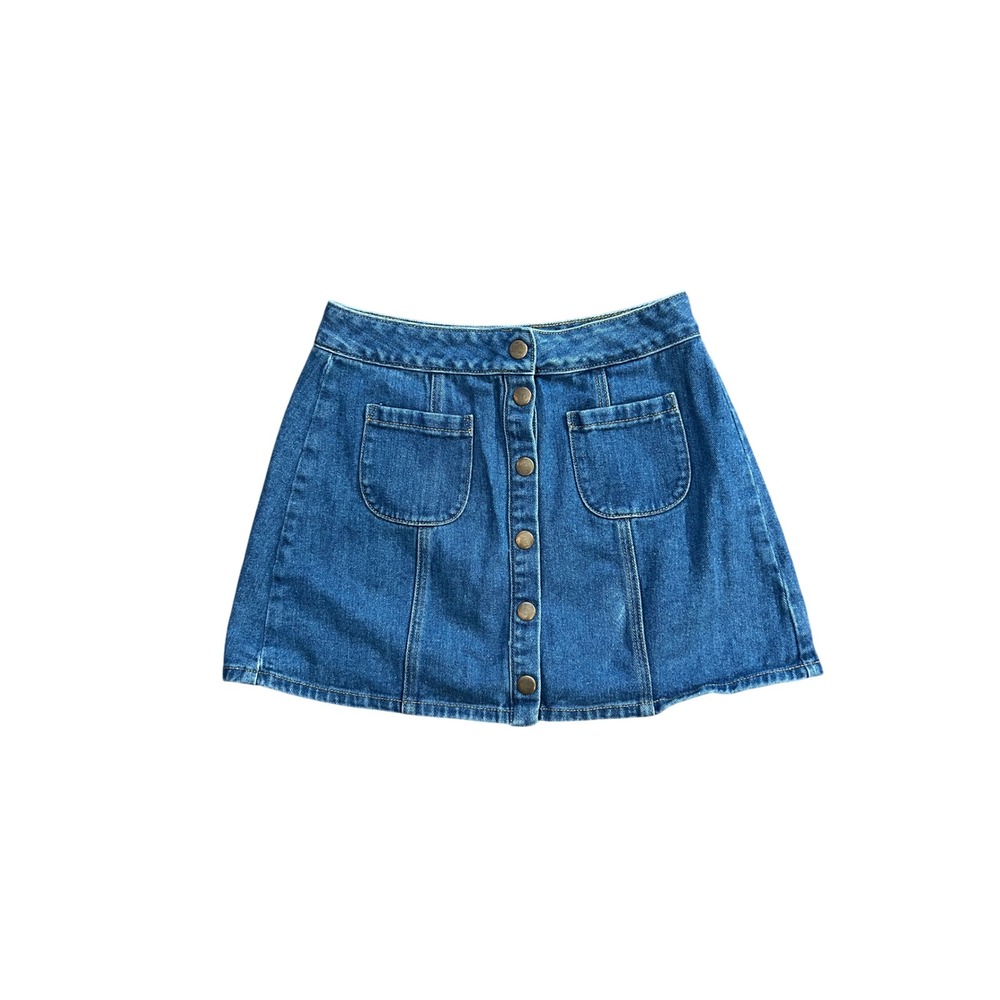 Melville‎ Blue Denim Mini Skirt Women Size 27 Button Front A-Line Pockets - Picture 2 of 9